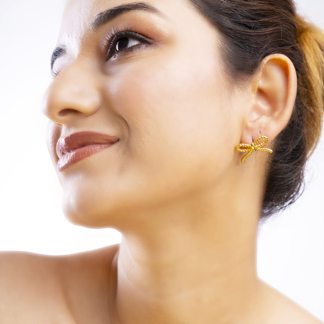 Gold Rope Bow Brass Stud Earrings