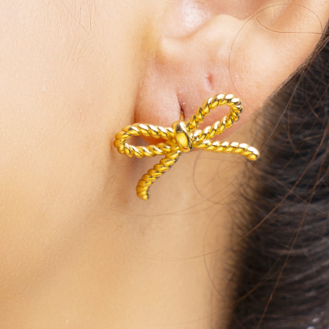 Gold Rope Bow Brass Stud Earrings