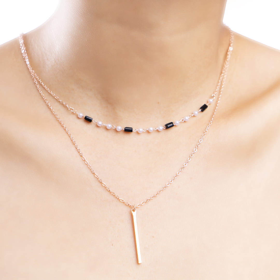Dual-Layered Bar and Beaded Necklace