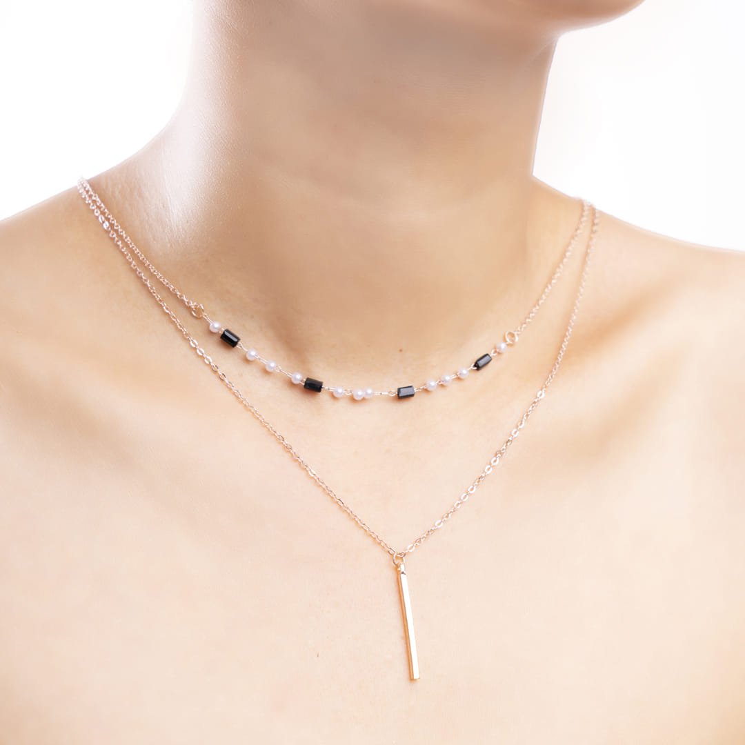 Dual-Layered Bar and Beaded Necklace