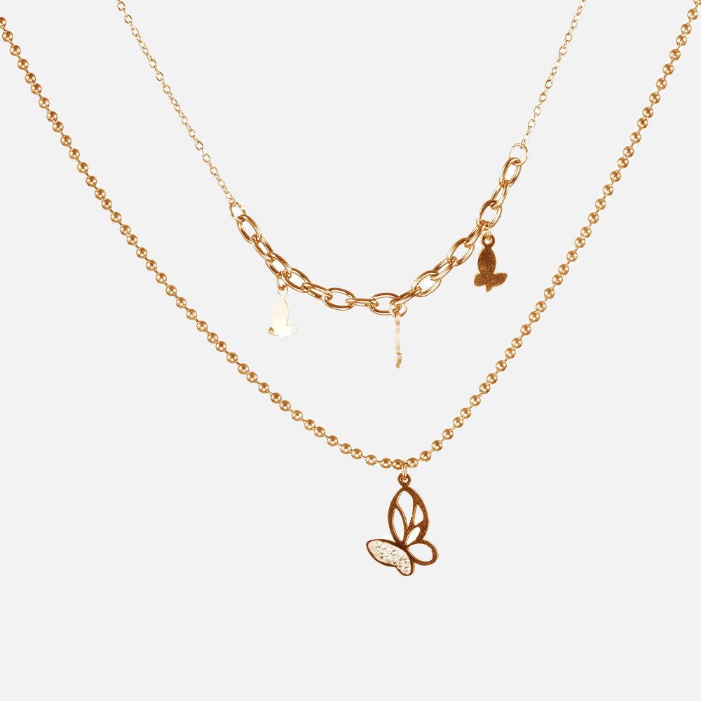 Rose Gold Butterfly Charm Double Layer Necklace