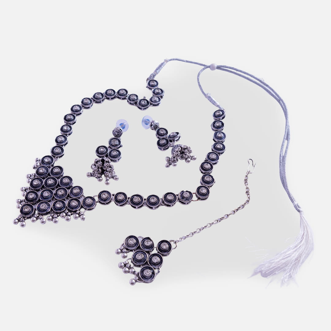 Antique Silver-Toned Necklace, Earrings, and Maang Tikka Set