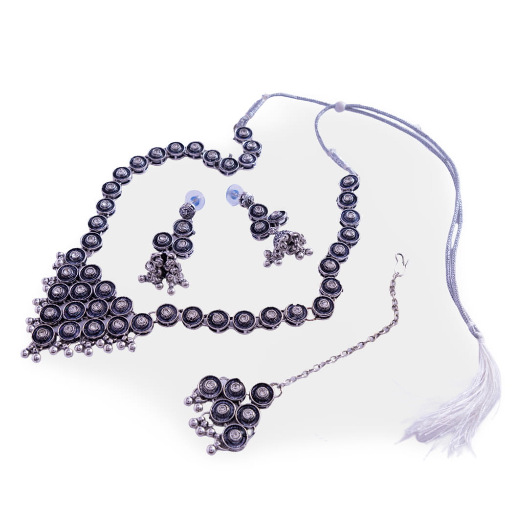 Antique Silver-Toned Necklace, Earrings, and Maang Tikka Set