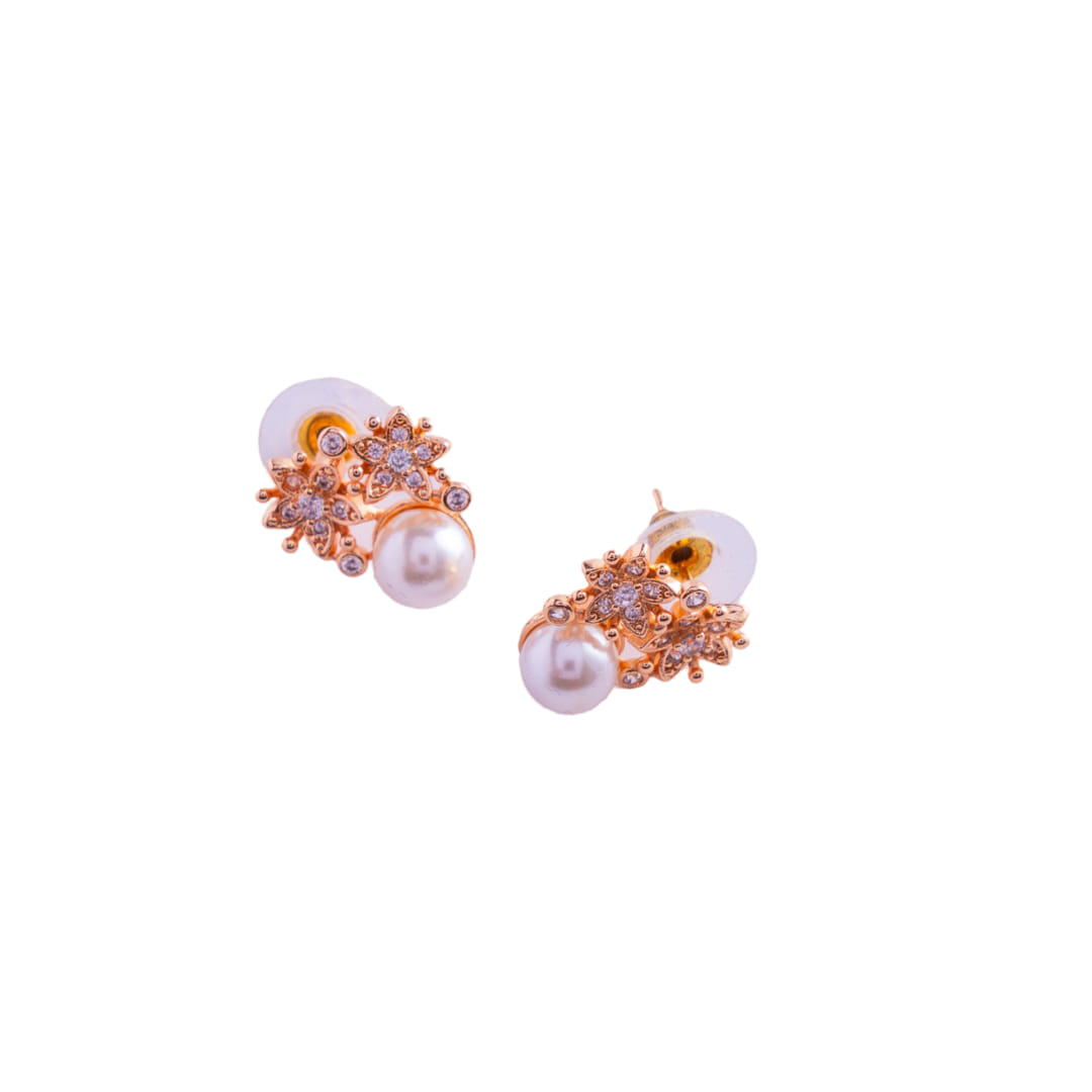 Rose Gold Pearl Stud Earrings with Floral Accents