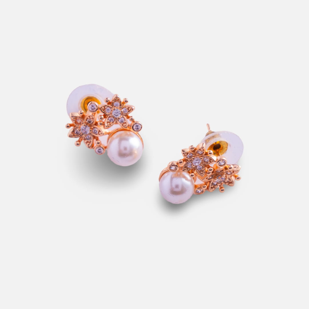 Rose Gold Pearl Stud Earrings with Floral Accents
