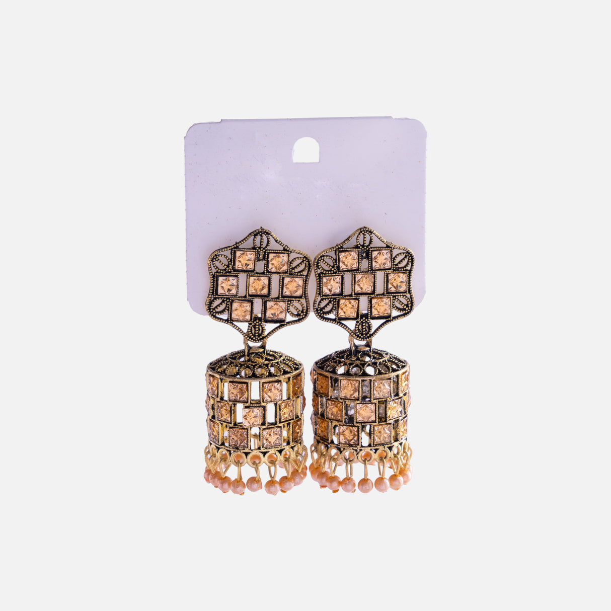 Antique Gold-Toned Jhumka Earrings with Stone Accents