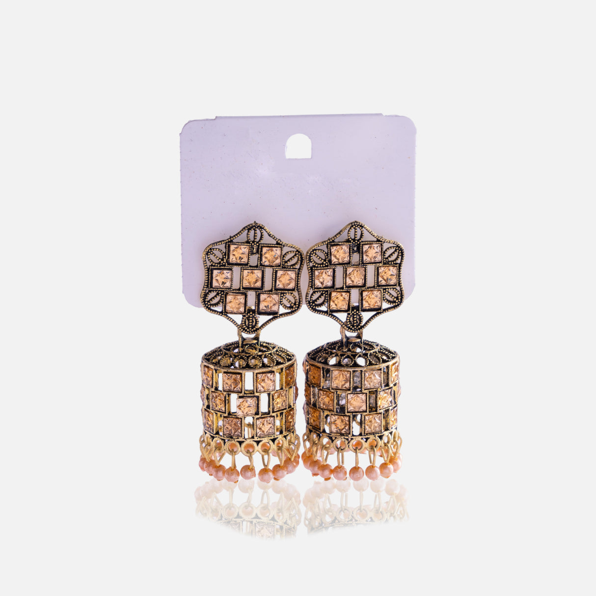 Antique Gold-Toned Jhumka Earrings with Stone Accents