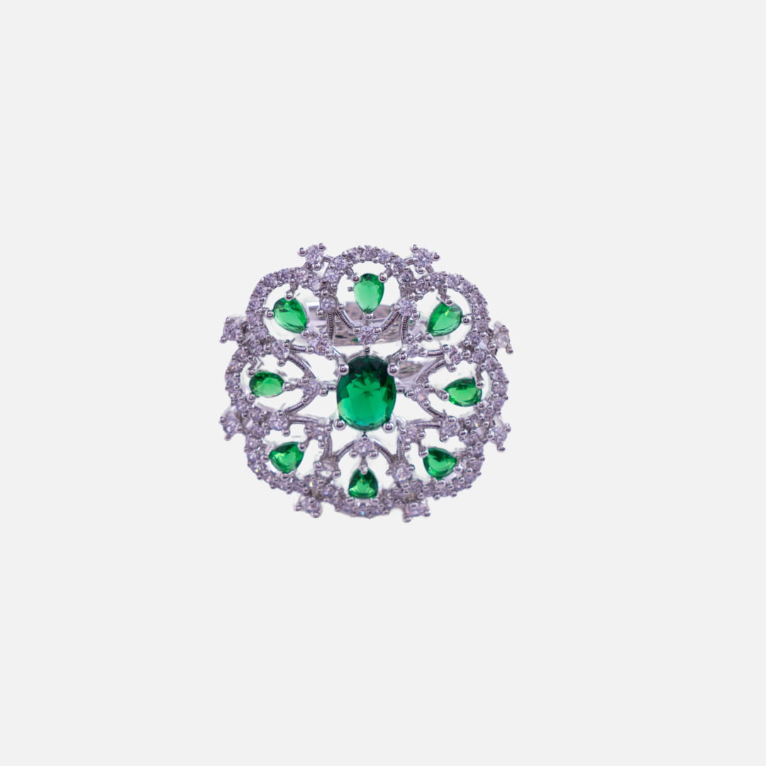 American Diamond Statement Ring with Green Accents