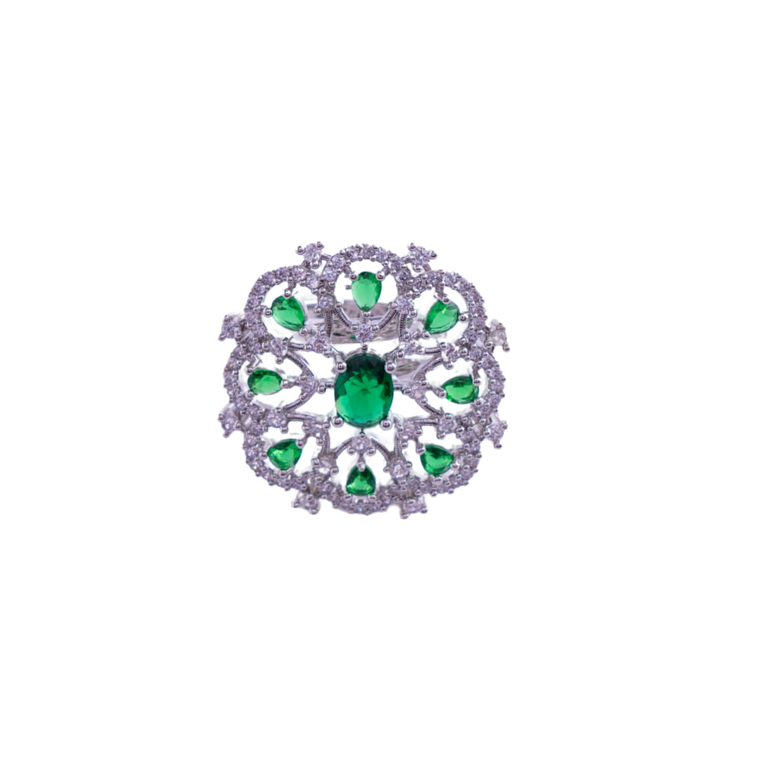 American Diamond Statement Ring with Green Accents