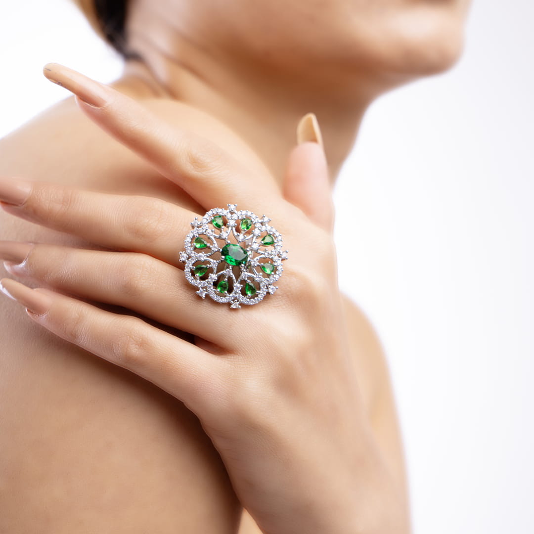 American Diamond Statement Ring with Green Accents