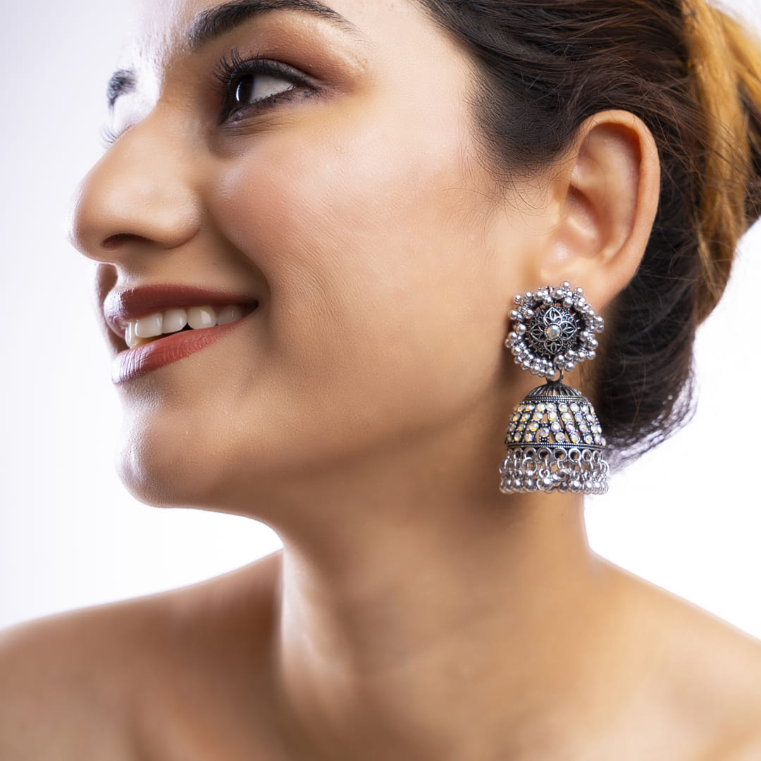Elegant Oxidized Silver Jhumka Earrings