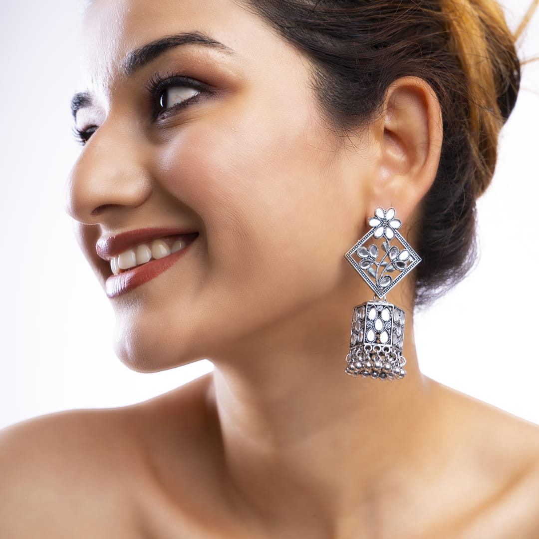 Floral Motif Geometric Jhumka Earrings