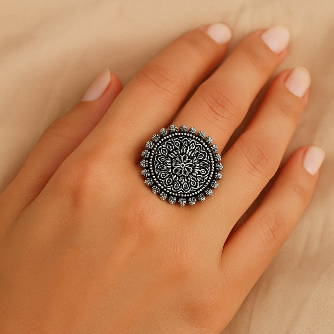 Antique Silver-Tone Adjustable Statement Ring