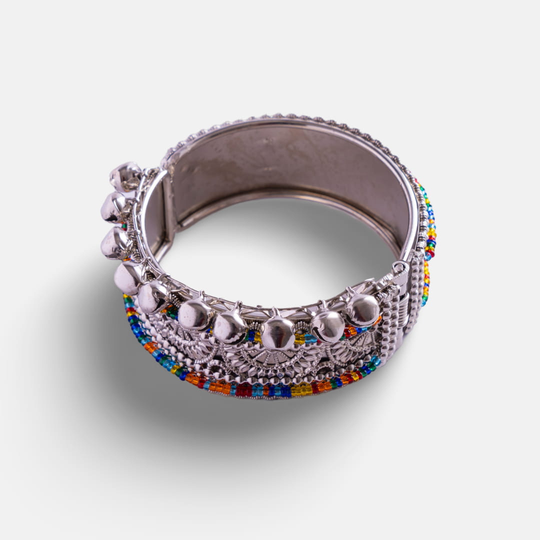 Ethnic Silver Bangle with Bells and Beaded Detailing