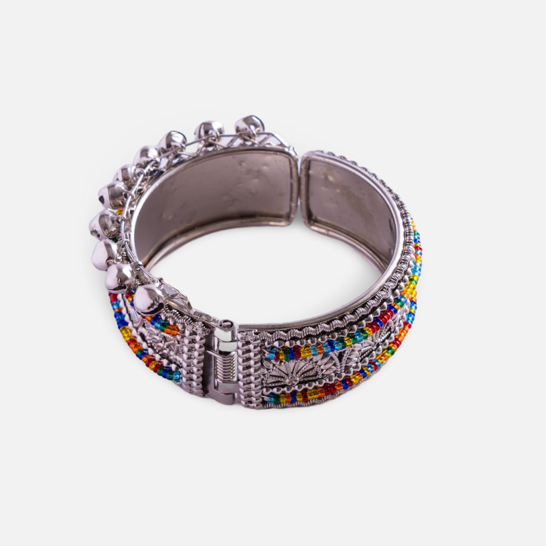 Ethnic Silver Bangle with Bells and Beaded Detailing