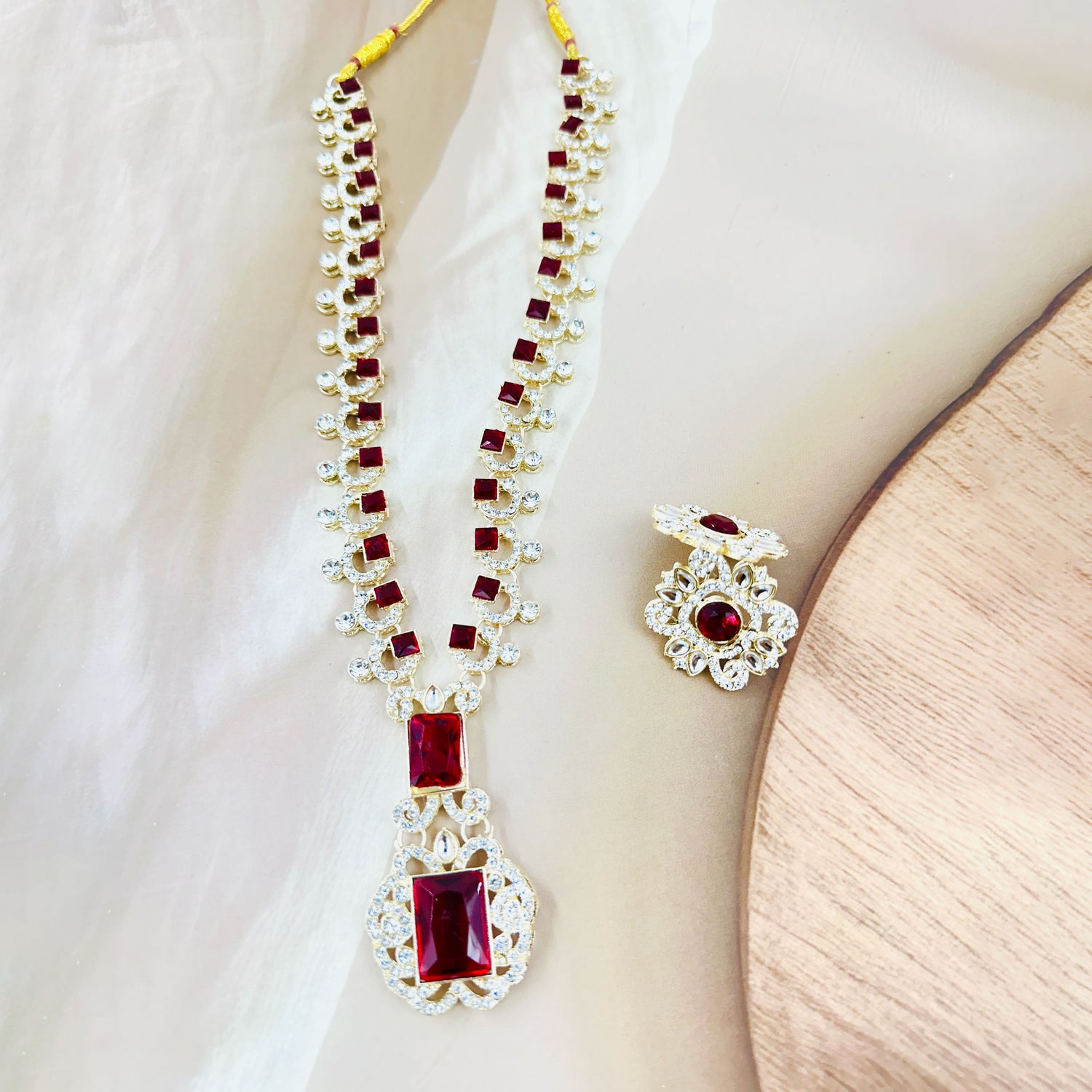Traditional Red Crystal Necklace and Earring Set