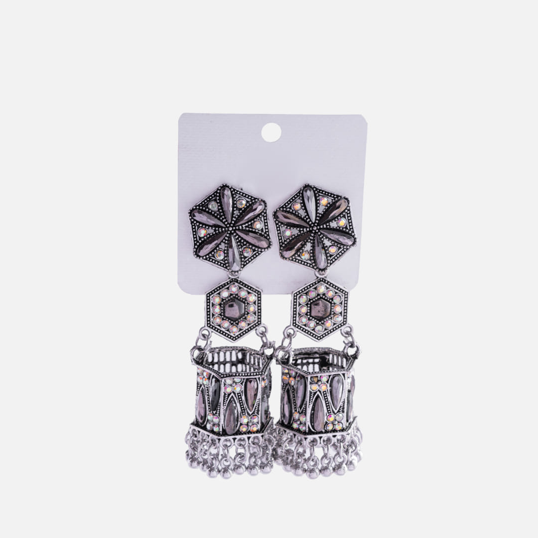Statement Black & Silver Geometric Jhumka Earrings