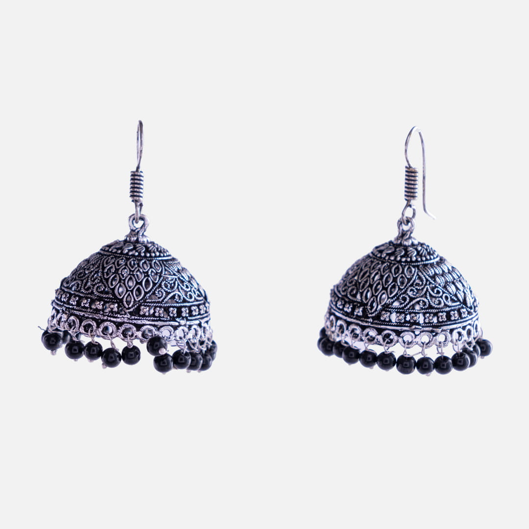 Oxidized Silver Jhumka Earrings with Black Beads