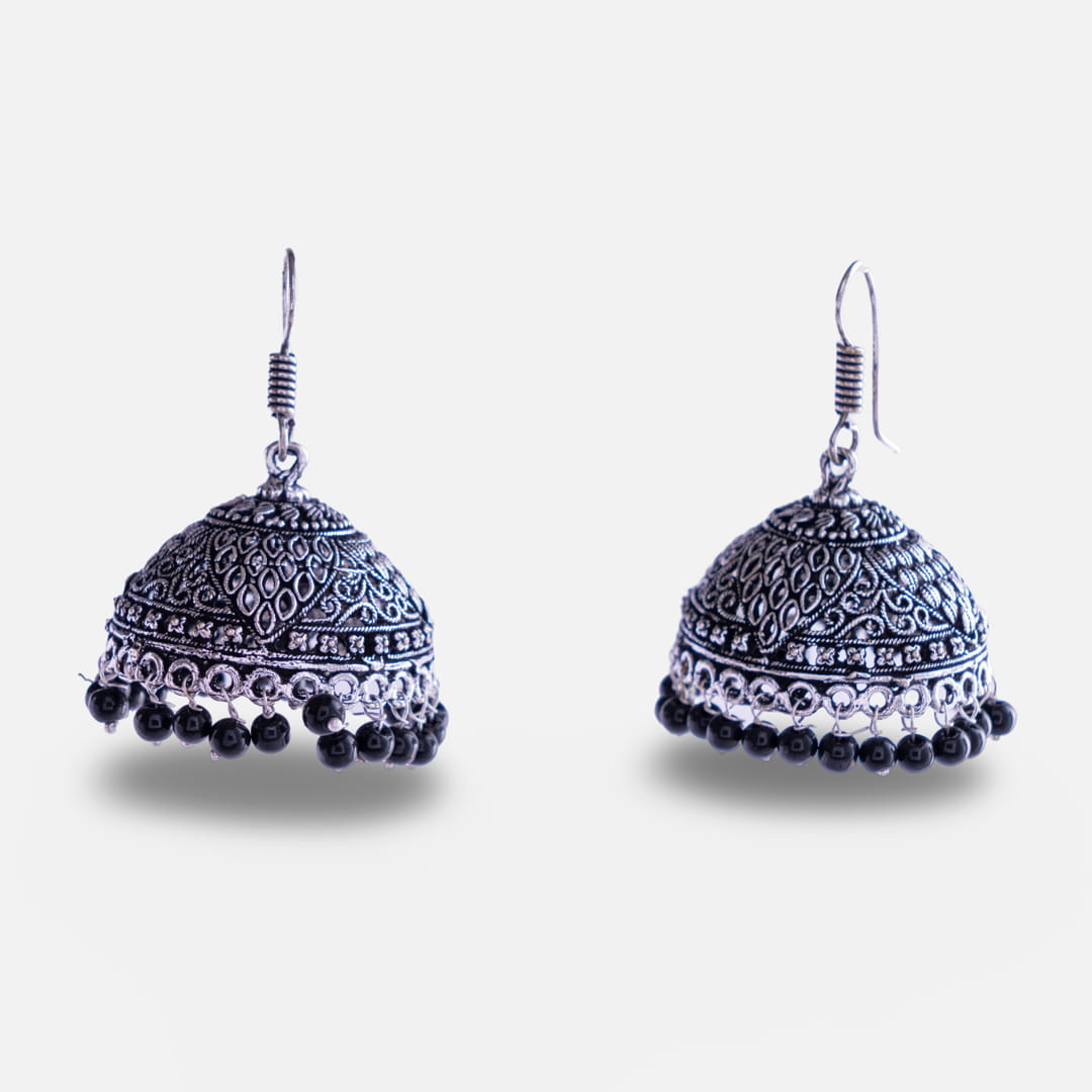 Oxidized Silver Jhumka Earrings with Black Beads