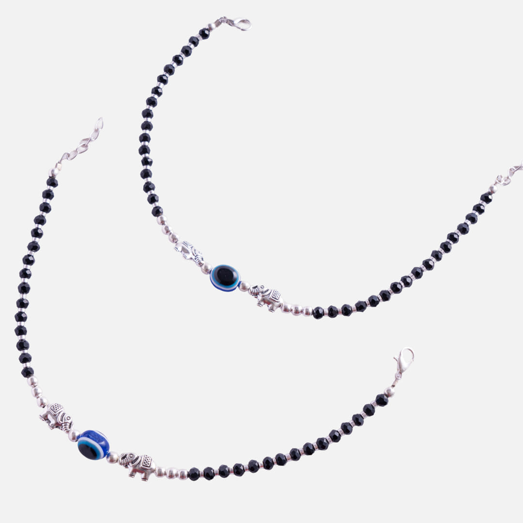Black Beaded Evil Eye Anklet Set with Silver-Tone Charms