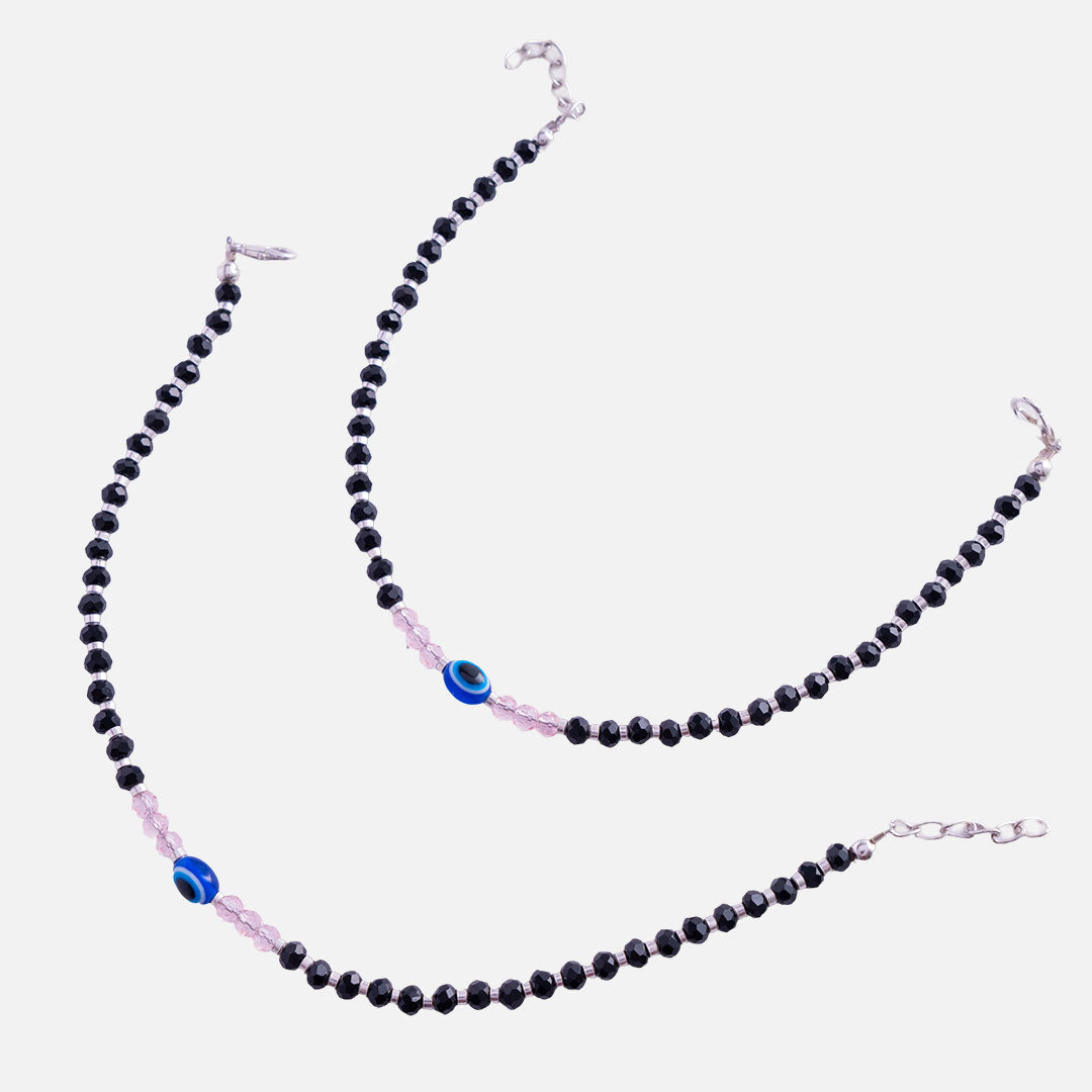 Black and Pink Beaded Evil Eye Anklet Set