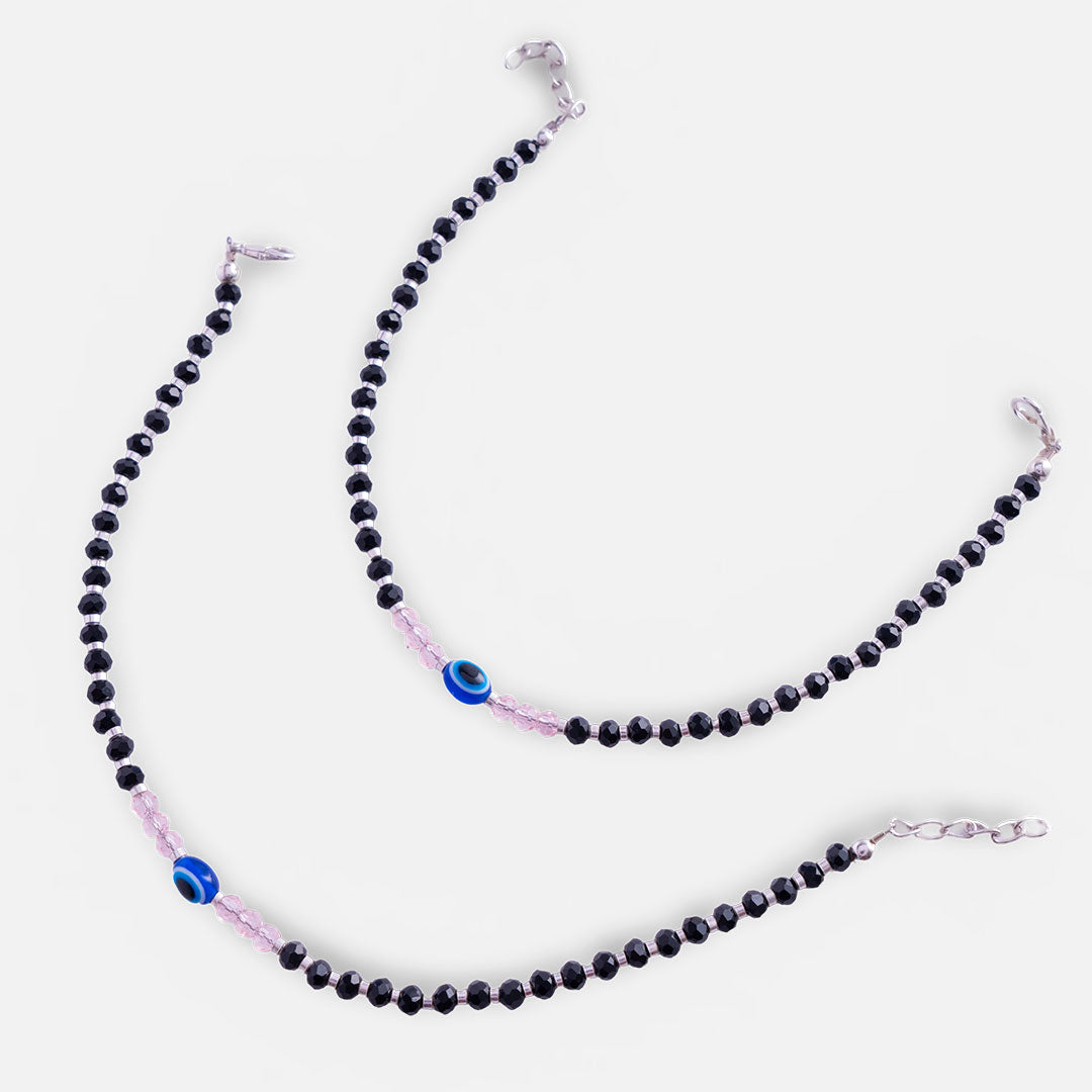 Black and Pink Beaded Evil Eye Anklet Set
