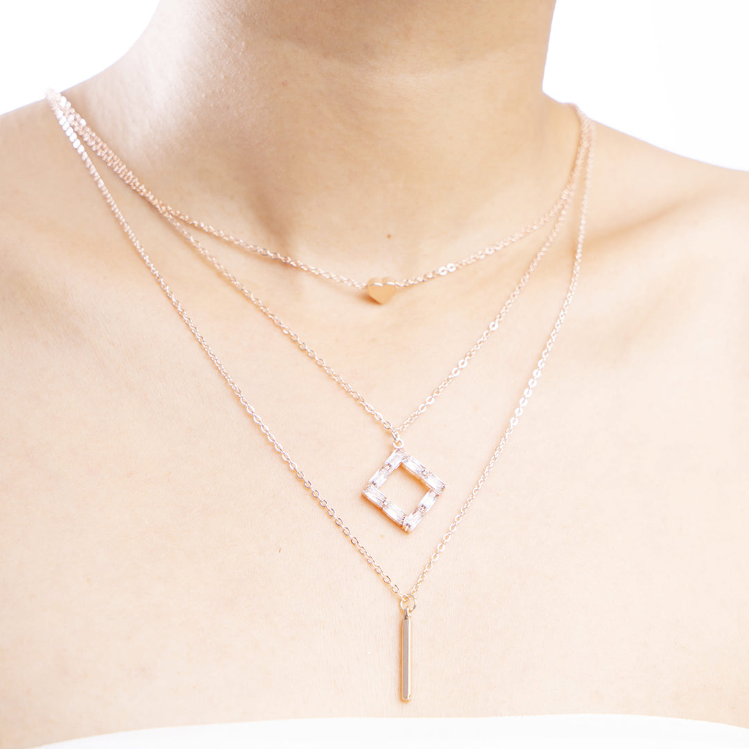 Rose Gold Triple-Layered Geometric Necklace