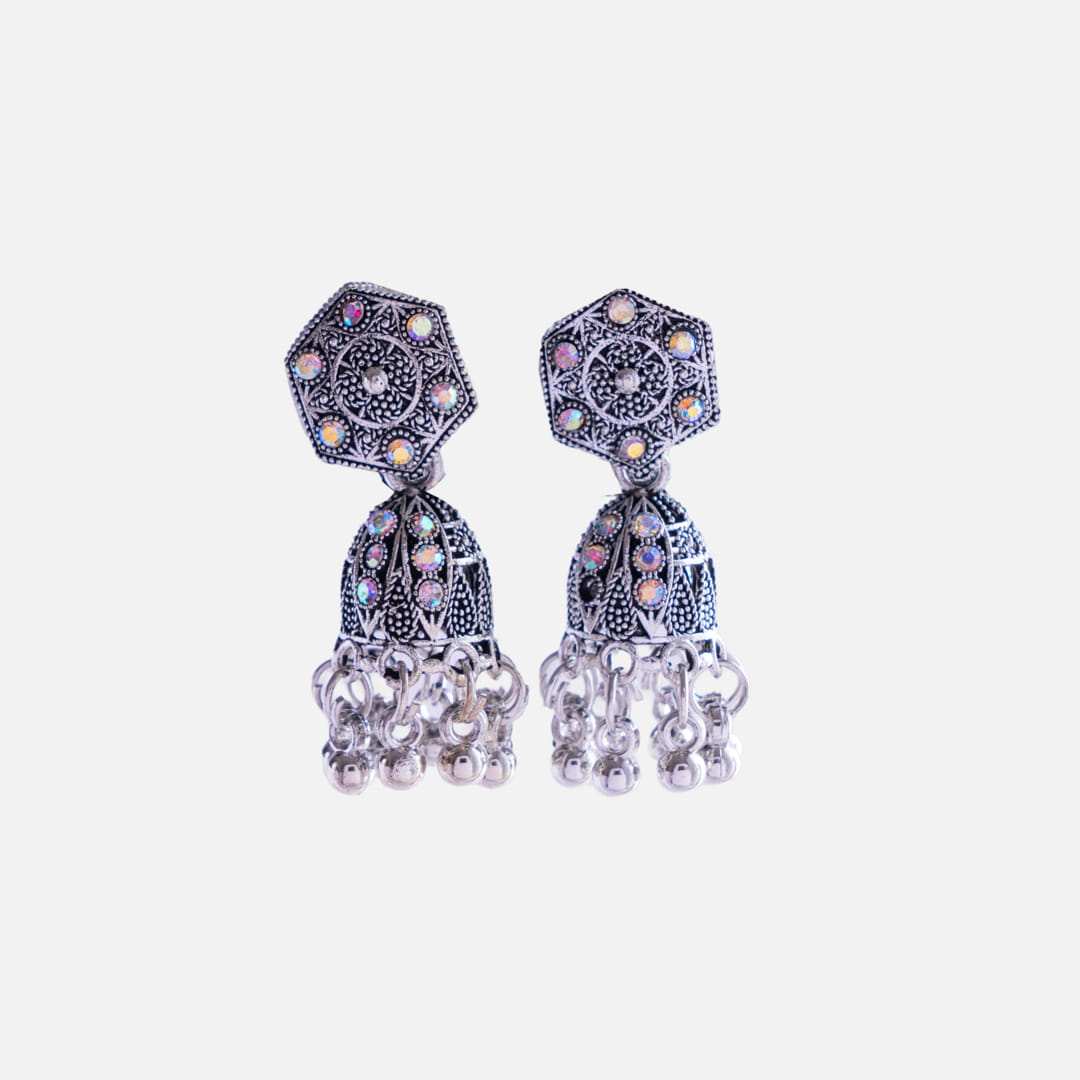 Antique Silver Jhumka Earrings with Stone Accents