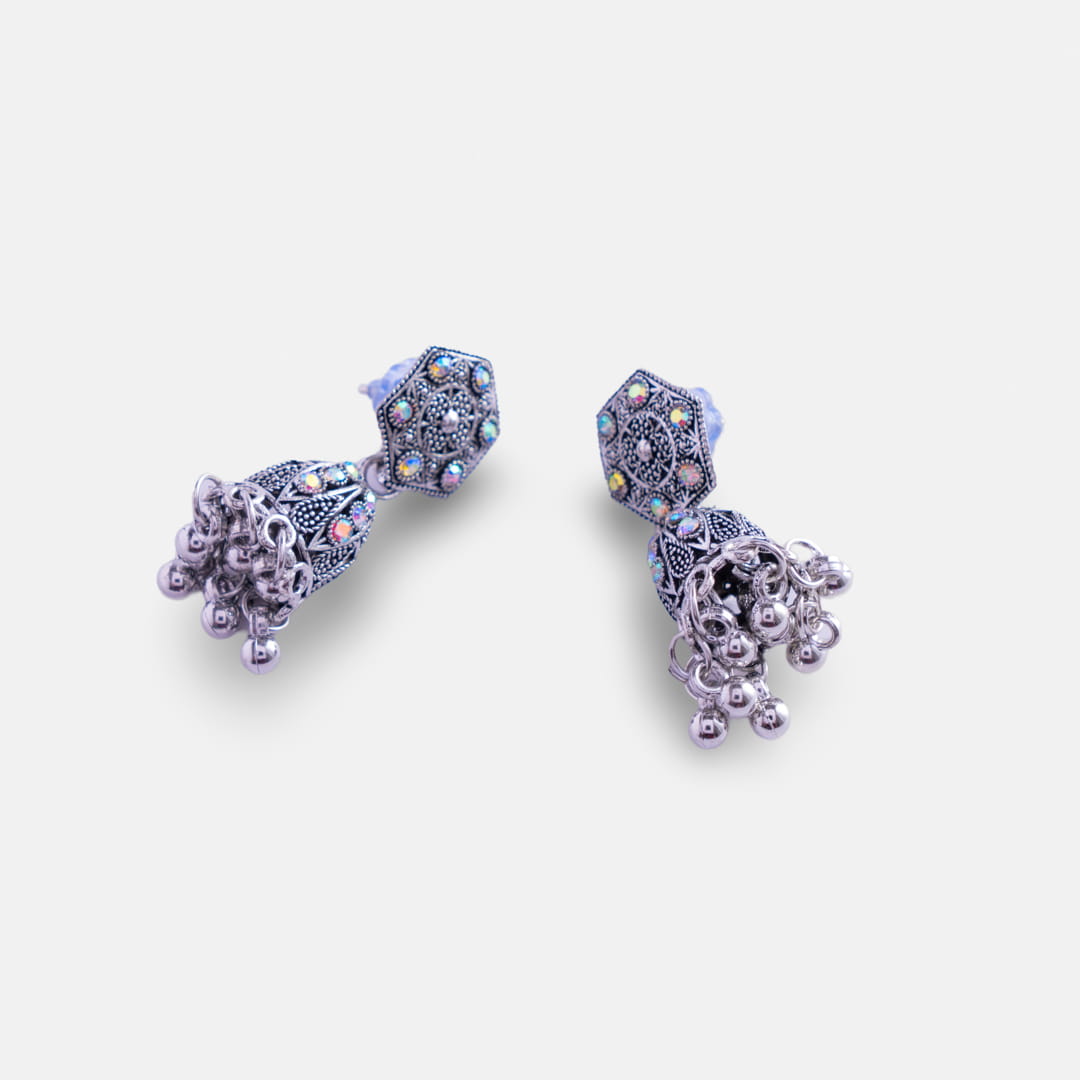 Antique Silver Jhumka Earrings with Stone Accents