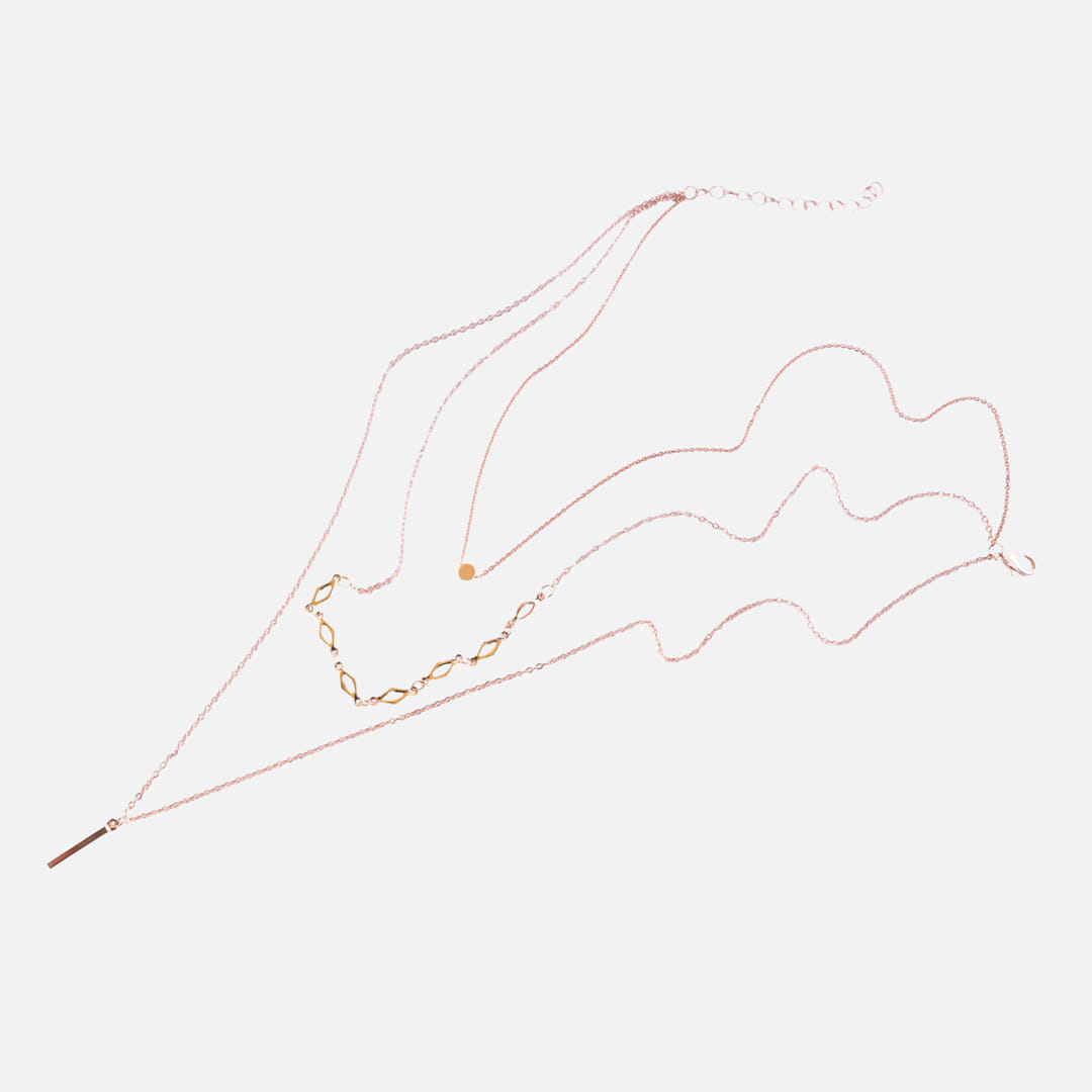 Triple Layer Rose Gold Necklace with Bar Pendant