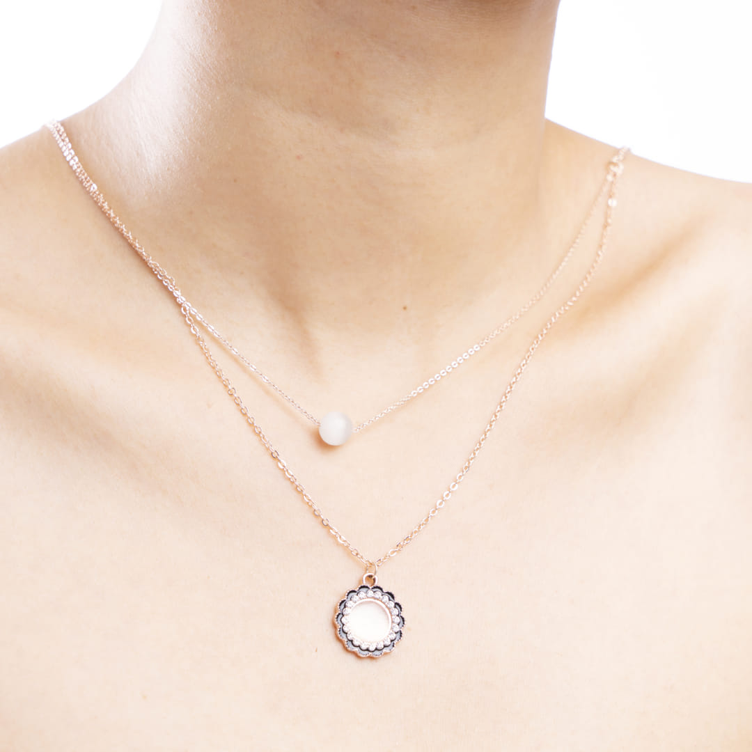 Rose Gold Double Layer Scalloped Circle Pendant Necklace