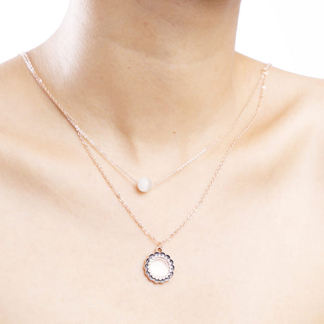 Rose Gold Double Layer Scalloped Circle Pendant Necklace