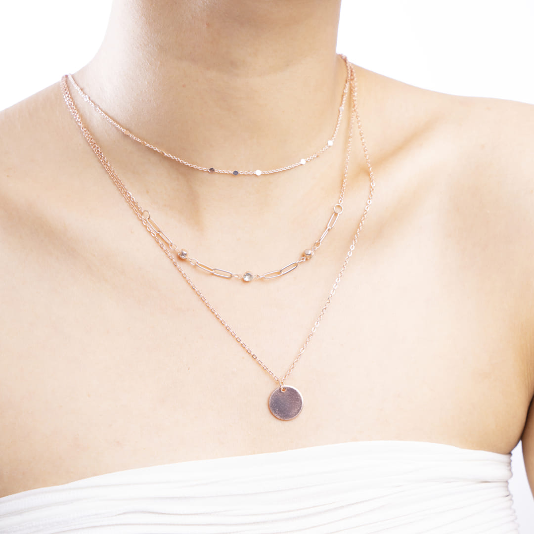 Rose Gold Triple Layer Disc and Chain Necklace