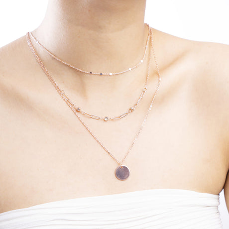 Rose Gold Triple Layer Disc and Chain Necklace