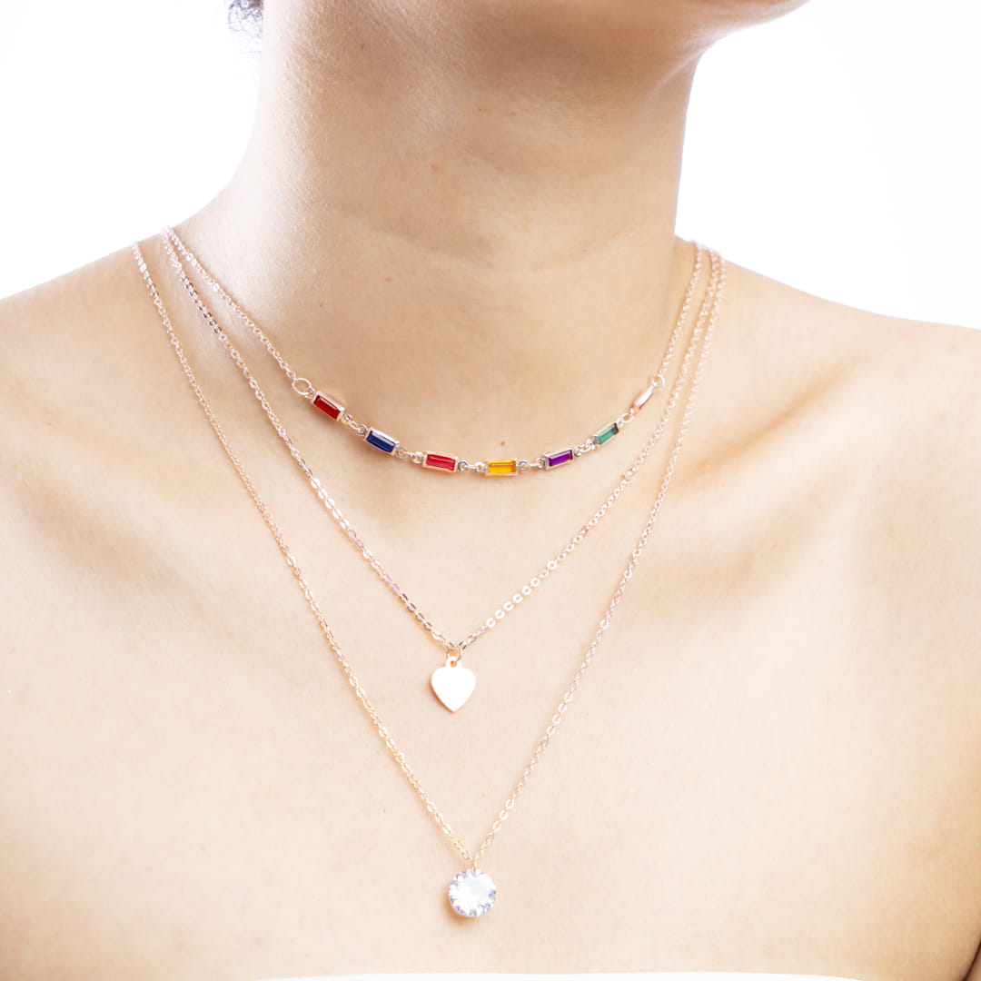 Rose Gold Triple Layer Multicolor and Heart Necklace
