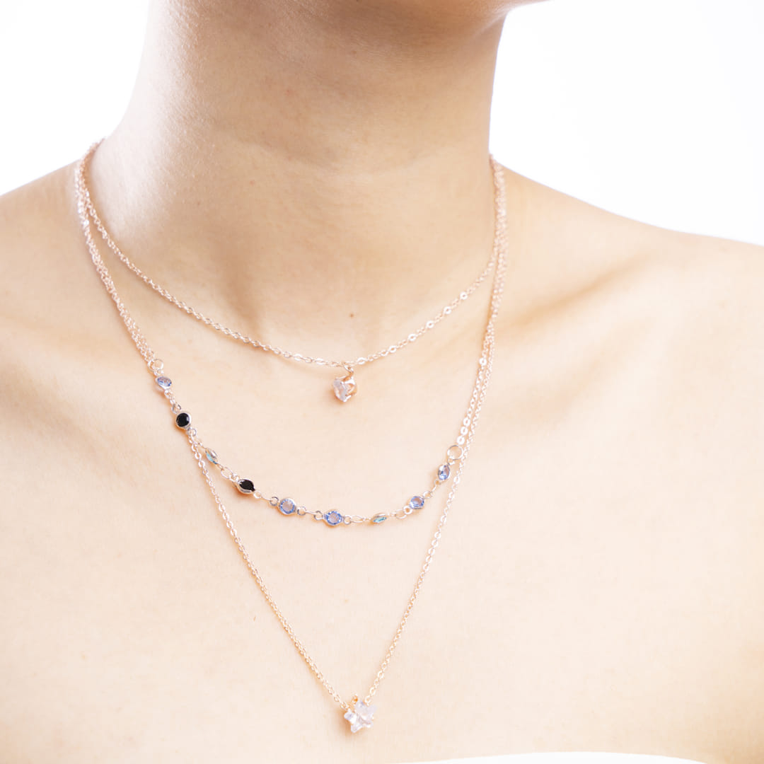 Rose Gold Triple-Layer Blue Stone and Crystal Charm Necklace