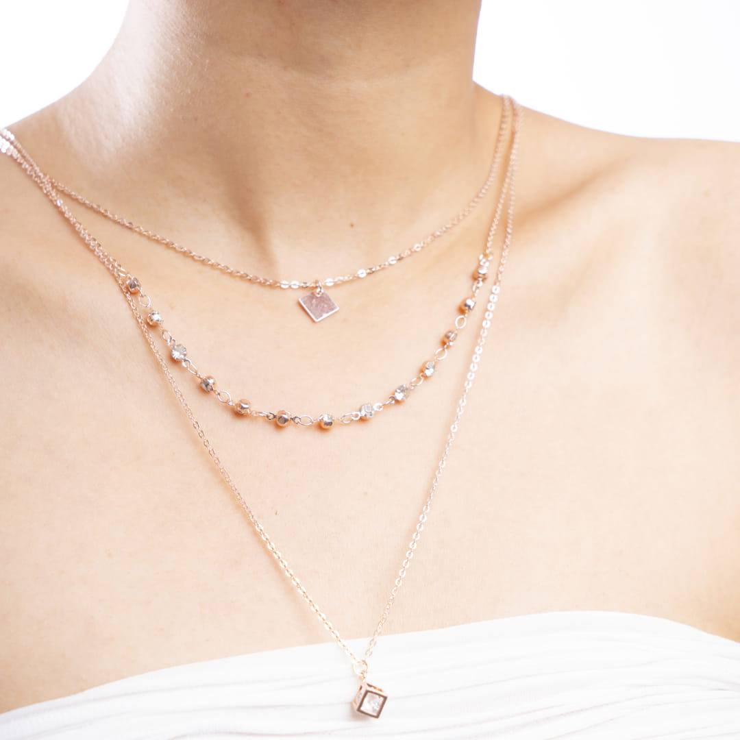 Rose Gold Cube Pendant Layered Necklace