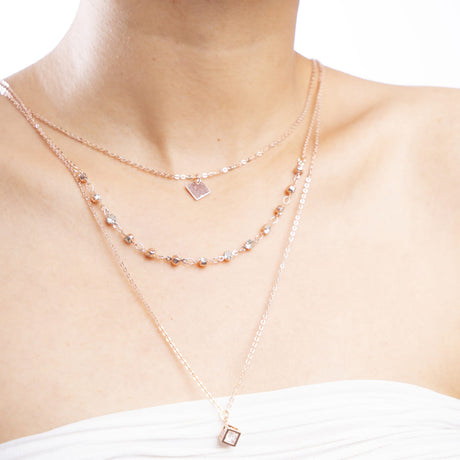 Rose Gold Cube Pendant Layered Necklace
