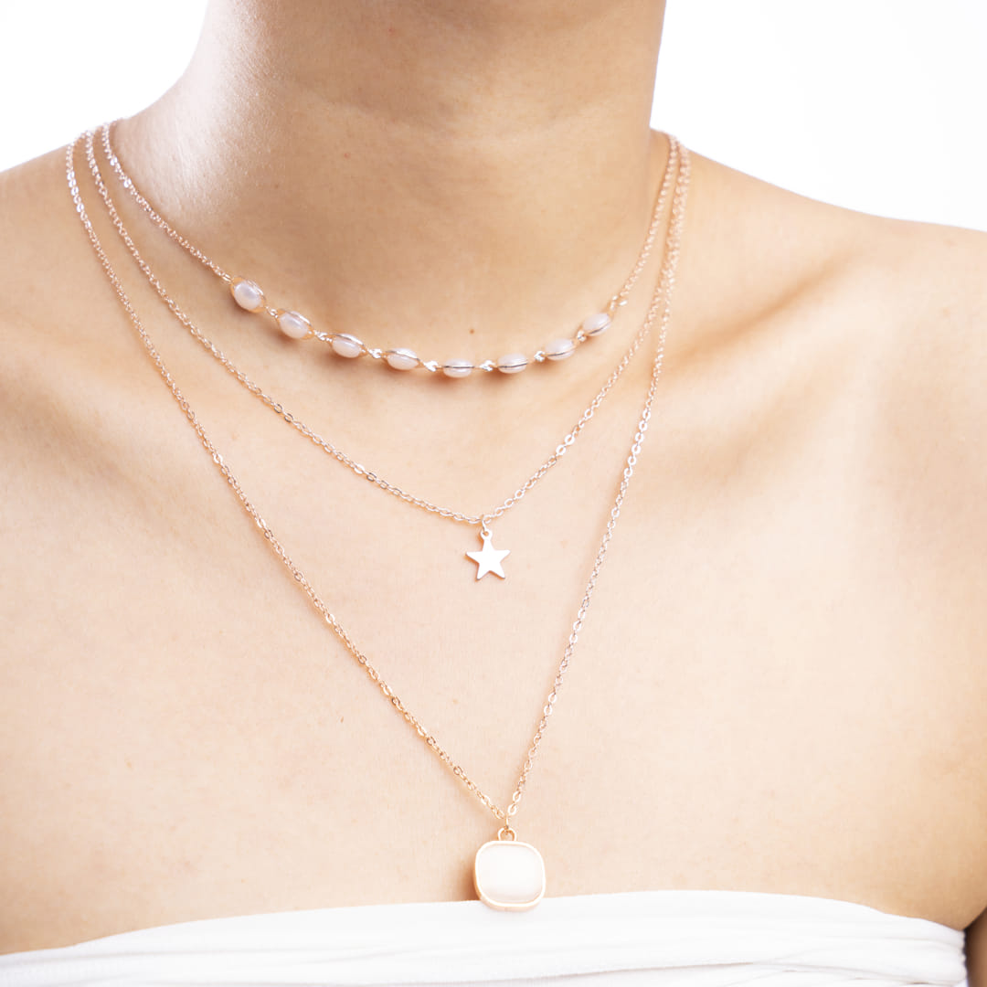 Rose Gold Triple-Layered Star and Circle Necklace