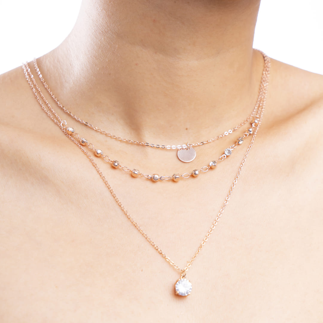 Rose Gold Three-Layer Necklace with Cubic Zirconia Pendant