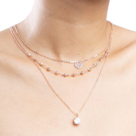 Rose Gold Three-Layer Necklace with Cubic Zirconia Pendant
