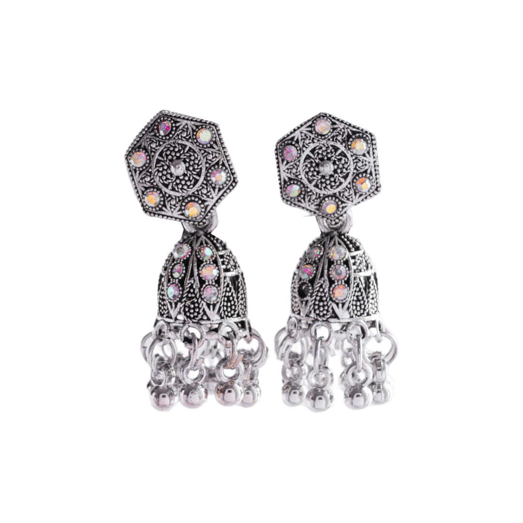 Oxidised Jhumka Earrings with Hexagonal Top