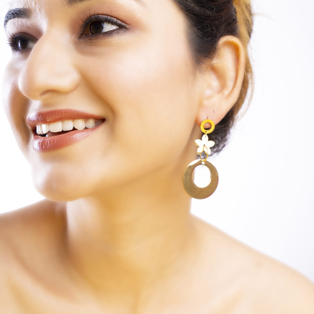 Floral Gold Disc Drop Earrings