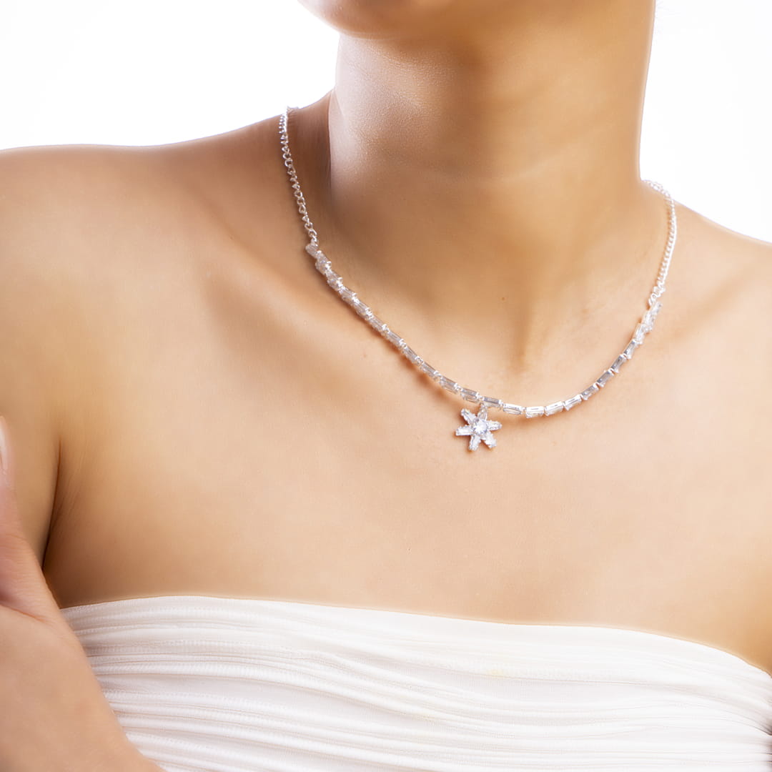 Elegant Silver-Toned Starburst Necklace and Earrings Set