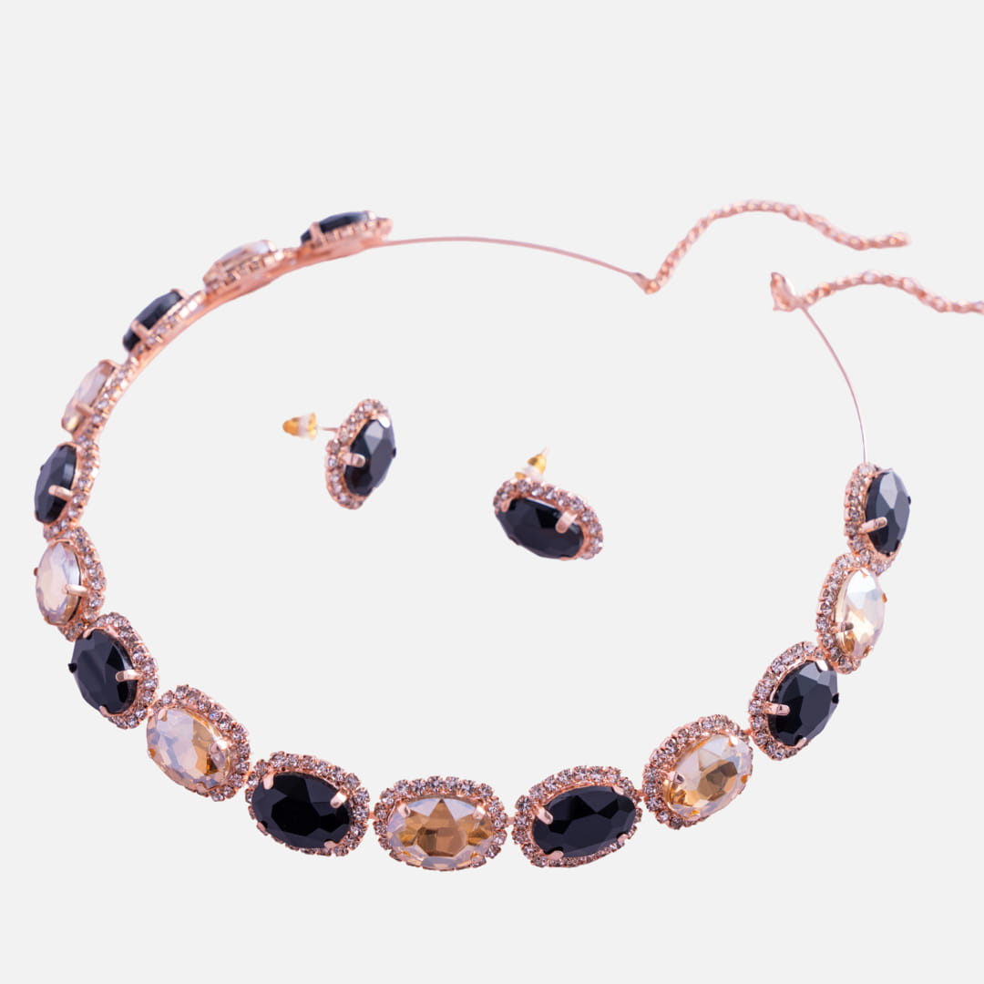 Black and Gold Oval Link Necklace and Earrings Set