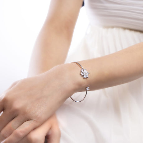 Silver Floral Crystal Open Cuff Bracelet