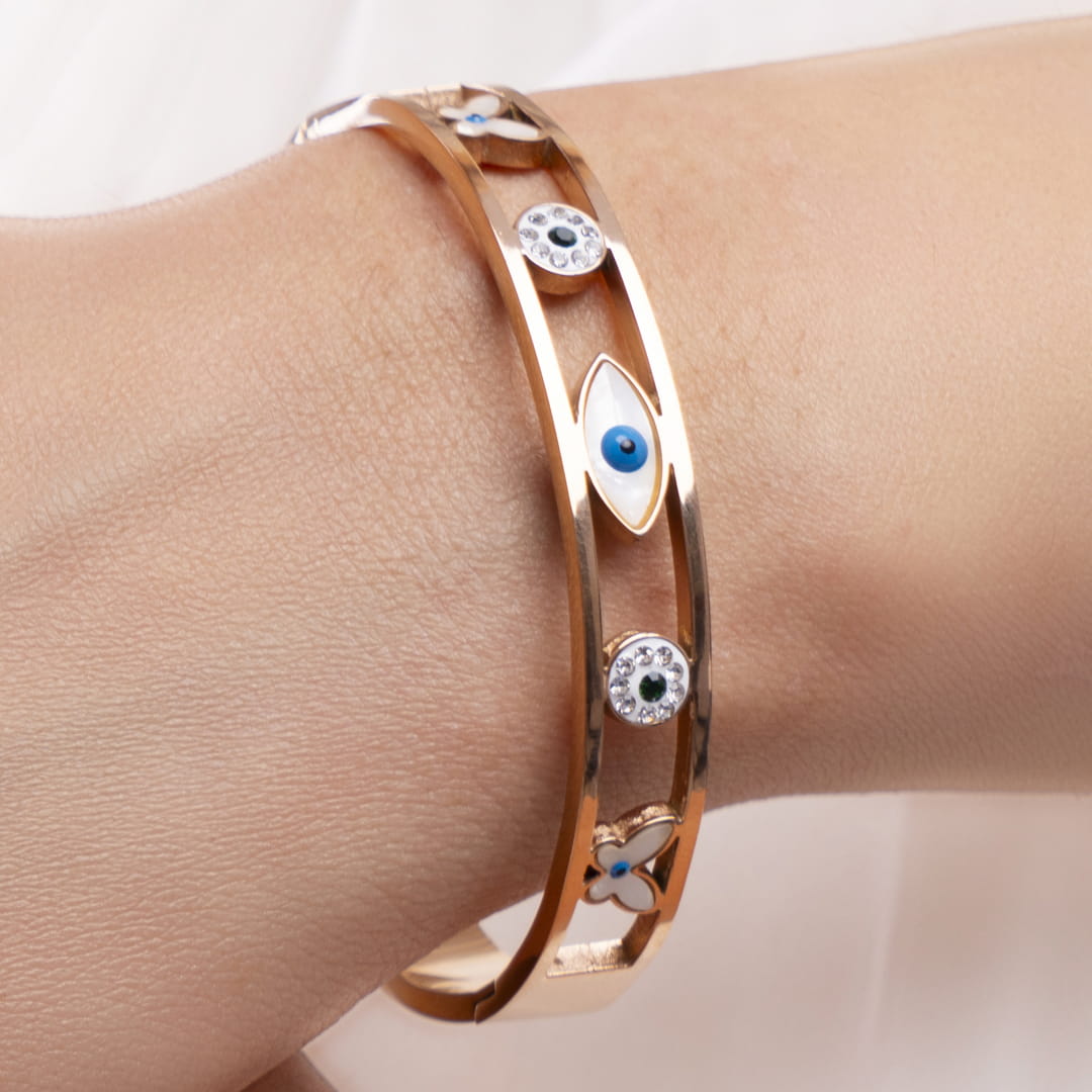 Rose Gold Evil Eye Charm Bangle Bracelet