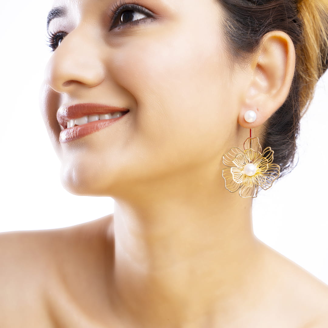 Gold Floral Wirework Earrings with Pearl Accent