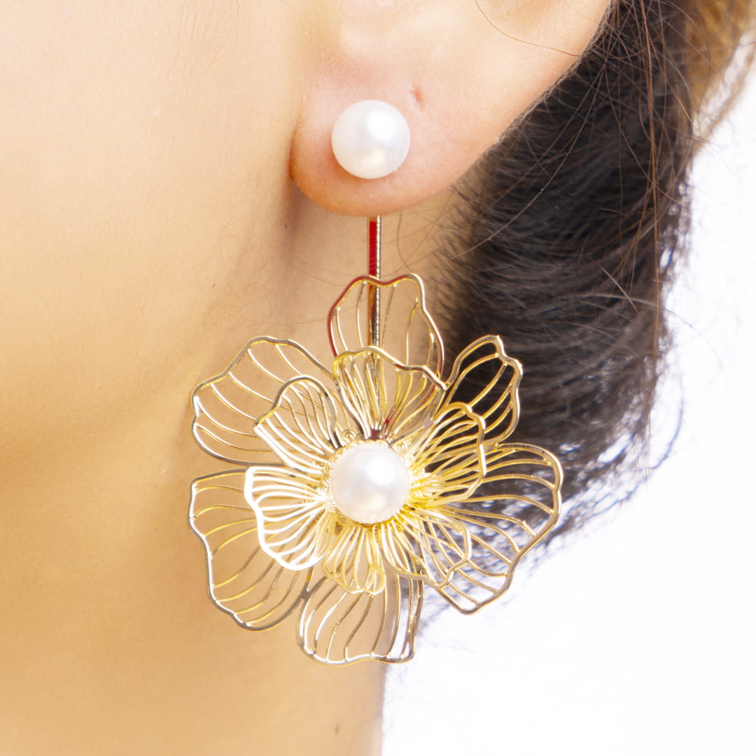 Gold Floral Wirework Earrings with Pearl Accent