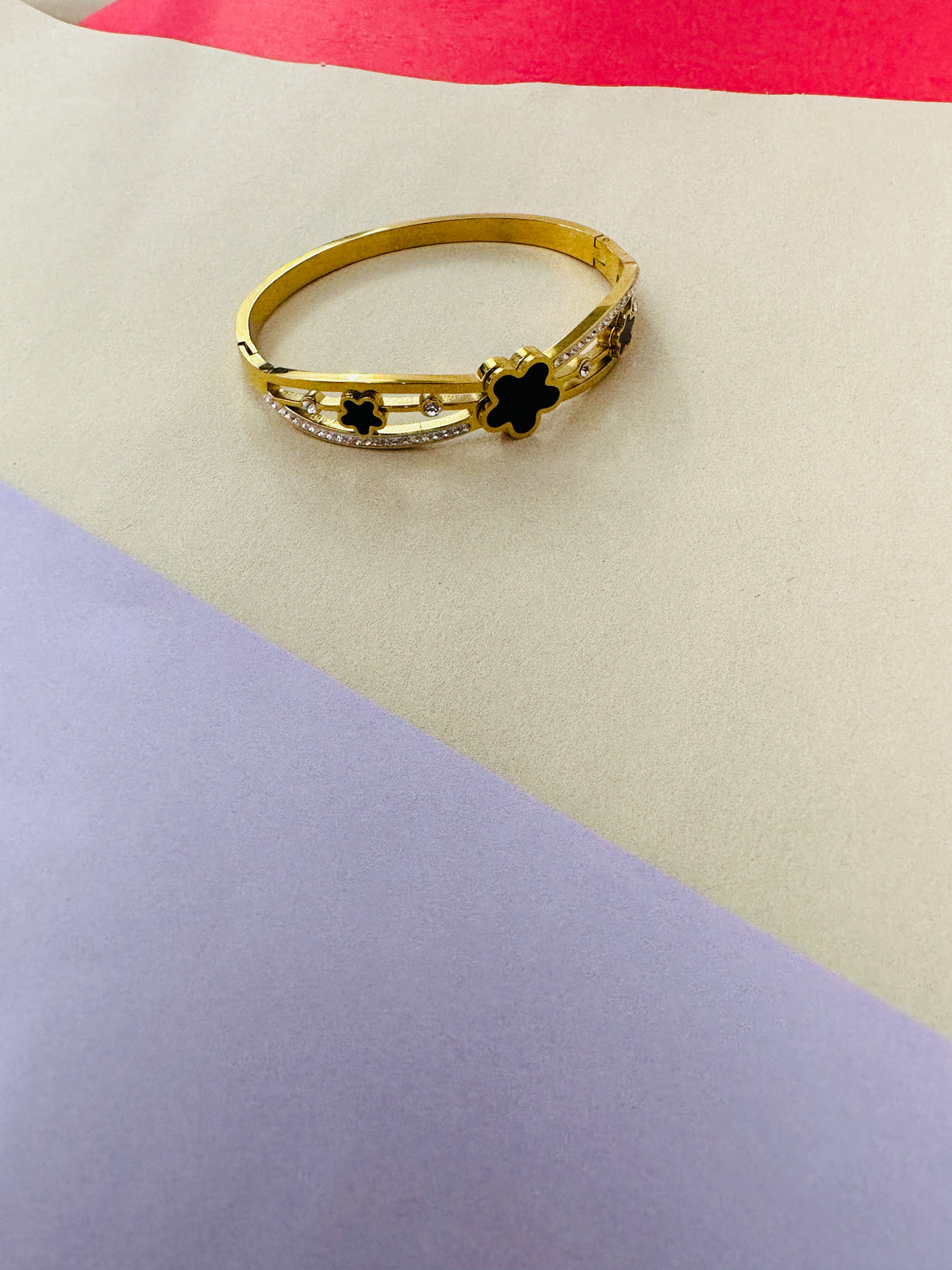 Black Floral Accent Stainless Steel Bangle